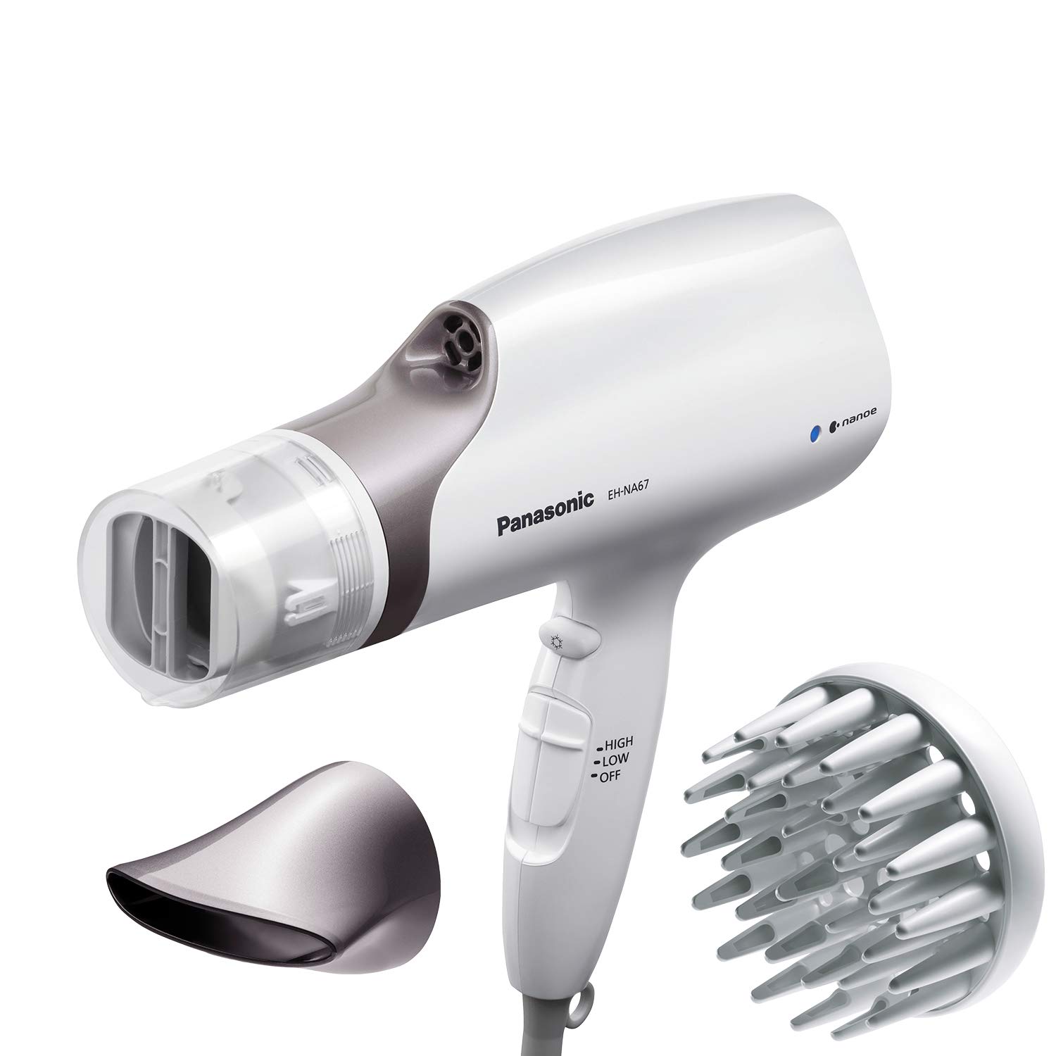 Panasonic Nanoe Salon Hair Dryer with Oscillating QuickDry Nozzle, Diffuser and Concentrator Attachments, 3 Speed Heat Settings for Easy Styling and Healthy Hair – EH-NA67-W (White) Panasonic Nanoe Salon Hair Dryer with Oscillating QuickDry Nozzle, Diffuser and Concentrator Attachments, 3 Speed Heat Settings for Easy Styling and Healthy Hair – EH-NA67-W (White)