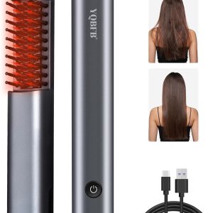 Cordless Hair Straightener Straightening Brush: Mini Hair Straightener Brush – Negative Ion Hair Straightener Styling Comb for Women Travel Styling – Wireless Straightner for Hairstyler Salon (Gray)