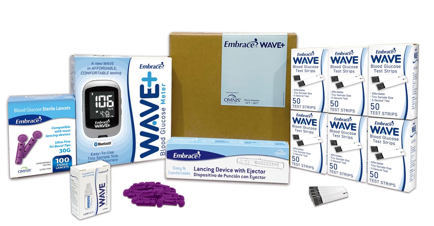 Embrace Bluetooth Diabetes Testing Kit Includes Embrace WAVE+ Bluetooth Blood Glucose Meter 300 Blood Test Strips 1 Control Solution 1 Lancing Device 300 30g Lancets and Carrying Case Embrace Bluetooth Diabetes Testing Kit Includes Embrace WAVE+ Bluetooth Blood Glucose Meter 300 Blood Test Strips 1 Control Solution 1 Lancing Device 300 30g Lancets and Carrying Case