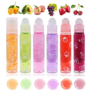 6Pcs Roll-On Lip Gloss Set,Fruit Flavored Roll On Rollerball Lip Oil,Transparent Plumping Lip Gloss for Teens and Kids,Non Toxic Lip-Makeup Set