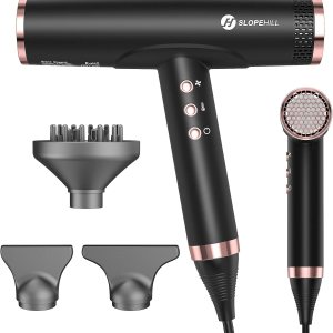 Slopehill Professional Hair Dryer, Ionic Hair Dryer with Diffuser, Lightweight Compact Powerful & Fast Salon Blow Dryer with High Speed Brushless Motor, Travel Hair Dryer, Women & Men (Ceramic, Black
