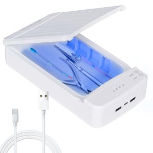 Nail Tool Box with Blue Light – Cleaner Box for Nails Tips Art Portable USB Nail Machine Plastic Cleaner Tool for Nail Salon, Tweezers, Jewelry, Phone, Manicure Tools Cleaning
