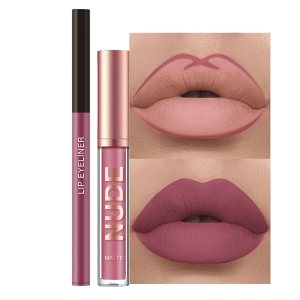 2Pcs Matte Lipstick and Lip Liner Set, Cream Nude Mauve Long Lasting Waterproof Lipliner Pencil & Plumper Lip Gloss, Retractable Lip Liner and Liquid Lipstick for Women Girls Lip Makeup (#02)