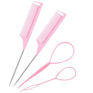 Parting Comb Braiding Comb Tool – Hair Pull Through Tool Set with 2 Pcs Rat Tail Combs for Braiding Styling 2 Pcs Hair Pull Through Tool 1 Pcs Hair Band Cutter – Pink