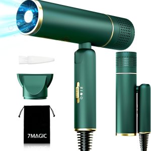 7MAGIC Fast-drying Hair Dryer, Foldable Ionic with Storage Bag for Travel, Lightweight Portable Hairdryer for Women & Men, Negative, 2 Heating/Cold/2 Speed Settings, Green