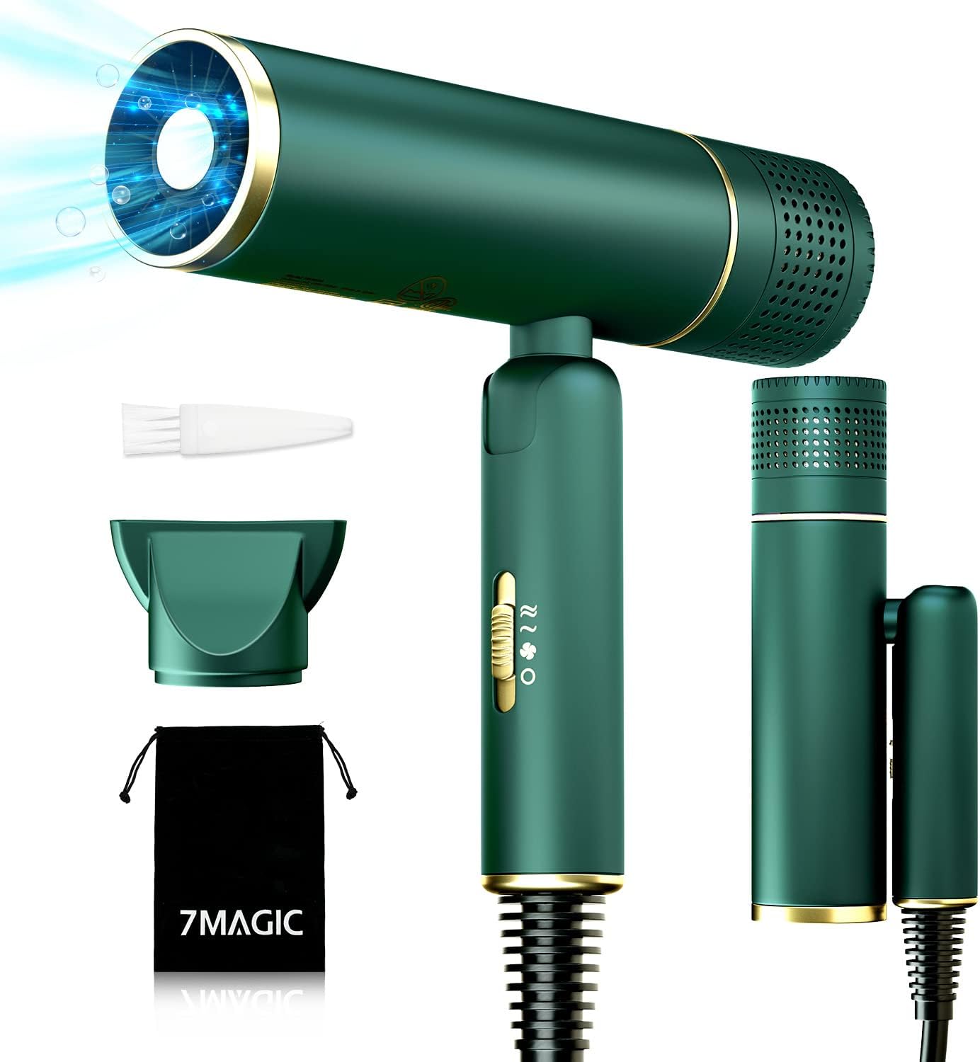 7MAGIC Fast-drying Hair Dryer, Foldable Ionic with Storage Bag for Travel, Lightweight Portable Hairdryer for Women & Men, Negative, 2 Heating/Cold/2 Speed Settings, Green 7MAGIC Fast-drying Hair Dryer, Foldable Ionic with Storage Bag for Travel, Lightweight Portable Hairdryer for Women & Men, Negative, 2 Heating/Cold/2 Speed Settings, Green