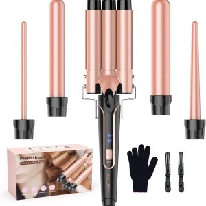 Waver Curling Iron Wand, BESTOPE PRO 5 in 1 Curling Wand Set with 3 Barrel Hair Crimper for Women, Fast Heating Hair Wand Curler in All Hair Type