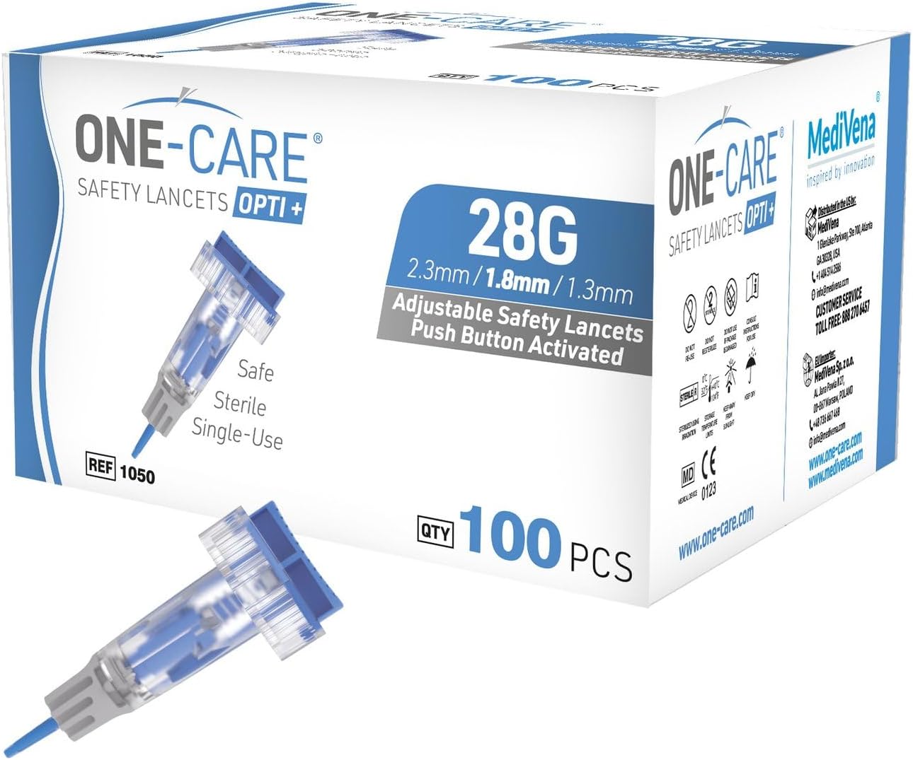 ONE-CARE OPTI+ Adjustable Safety Lancets, 28G x 3 Depth Settings (1.3 I 1.8 I 2.3mm), Sterile, 100/bx ONE-CARE OPTI+ Adjustable Safety Lancets, 28G x 3 Depth Settings (1.3 I 1.8 I 2.3mm), Sterile, 100/bx