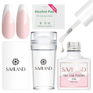 Saviland French Manicure Kit – French Tip Nail Stamp with White Gel Nail Polish Set, Jelly Silicone Nail Stamper Nail Stamper Kit for French Nails Home DIY Nail Salon