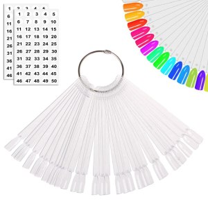 JASSINS 50 Pcs Nail Swatch Sticks with Ring and Numbered Tips – Clear Fan-shaped Display for Nail Art Polish Practice