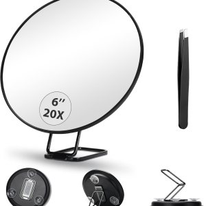 20X Magnifying Mirror and Tweezers Set, Round 20X Magnification with 3 Suction Cups and 360° Adjustable Stand, 6 Inch Magnified Makeup Mirror Compact Travel Magnifying Mirror, Handheld Cosmetic Mirror