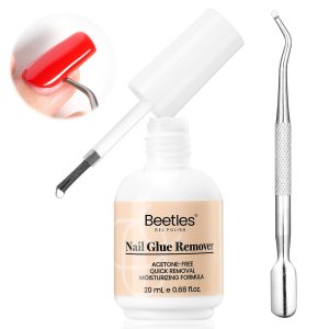 Beetles Nail Glue Remover Glue 20ml for False Nails, Press on Nails Glue Remover for Fake Nail Tips Acrylic Nail Adhesive Remover with Cuticle Pusher, Not for Uv Gel Glue or Gel Polish Gift for Girls