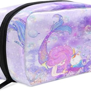 ZOEO Makeup Pouch Mermaid Unicorn Purple Mini Makeup Bag Organizer Travel Zip Toiletry Bag Small Cosmetic Train Case Beauty Bag for Teens Girls Women