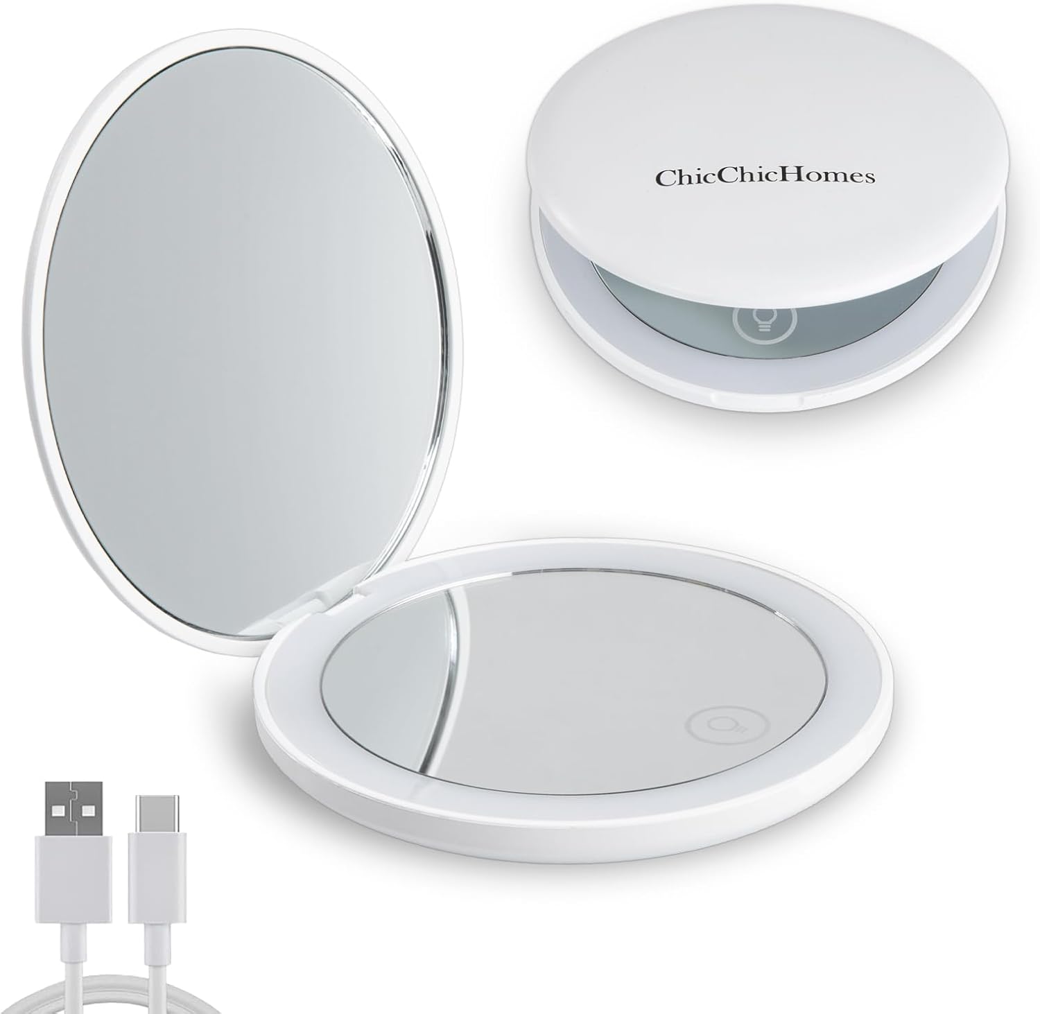Rechargeable LED Lighted Travel Makeup Mirror, 1x/10x Magnification, Dimmable Touch Screen Beauty Mirror for Woman, Great gifts, Compact, Folding, 2-Sided, Round, Handheld, White Rechargeable LED Lighted Travel Makeup Mirror, 1x/10x Magnification, Dimmable Touch Screen Beauty Mirror for Woman, Great gifts, Compact, Folding, 2-Sided, Round, Handheld, White