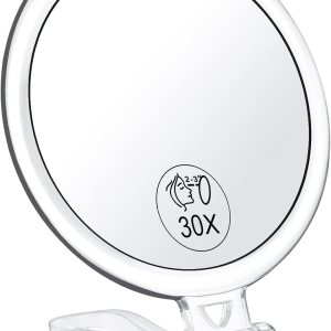 30x Magnifying Handheld Mirror, 2-Sided with Adjustable Stand, Portable, Acrylic Frame, 5” Diameter, Perfect for Makeup, Shaving, Deep Cleaning