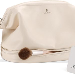 Pocmimut Makeup Bag, Leather Make Up Bag Travel Cosmetic Bags for Women, Large Wide-open Makeup Bag Double Layer Toiletry Bag Make Up Organizer Case for Toiletries Accessories Brushes (White)