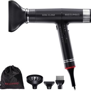 RED Pro Hair Dryer Soni-Clone 110,000 RPM High Speed BLDC Motor Dryer, Strong Air Flow for Fast Drying, Lightweight with Luxury Home & Travel Pouch, Magnetic Nozzle Hair Pik, Diffuser & Concentrator