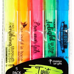 Christian Art Gifts Twist & Glide Gel Multicolor Bible Highlighter Set for Study, Office, School, Smudge-proof, No Bleed, Pink, Green, Orange, Yellow, Blue with Scripture, Pack of 5 Assorted Colors