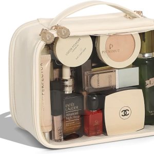 Pocmimut Clear Cosmetic Bag,PU Leather Double Layer Makeup Bag with Brush Holder,Car Accessories Storage Travel Essentials Organizers for Women and Girl(Beige)