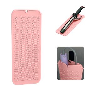Heat Resistant Silicone Mat with Hanging Hole Design, Straightener Heat Resistant Travel Mat & Pouch for Curling Iron, Hair Straightener, Flat Iron and Other Hot Hair Styling Tools, 11X5 Inches, Pink