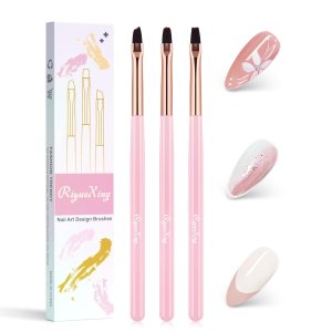Nail Brushes for Nail Art – 3Pcs Nail Art Brush Set with Flat/Oval/Fine Angled Gel Brush, Nail Extension Tool for Professional DIY Home Salon(Clear Pink)