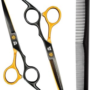 Professional Hair Cutting Shears Set,6 Inch Barber hair Cutting Scissors Thinning Shears Sharp Blades Hairdresser Haircut For Women/Men/kids 420c Stainless Steel Rainbow Color (Gold)
