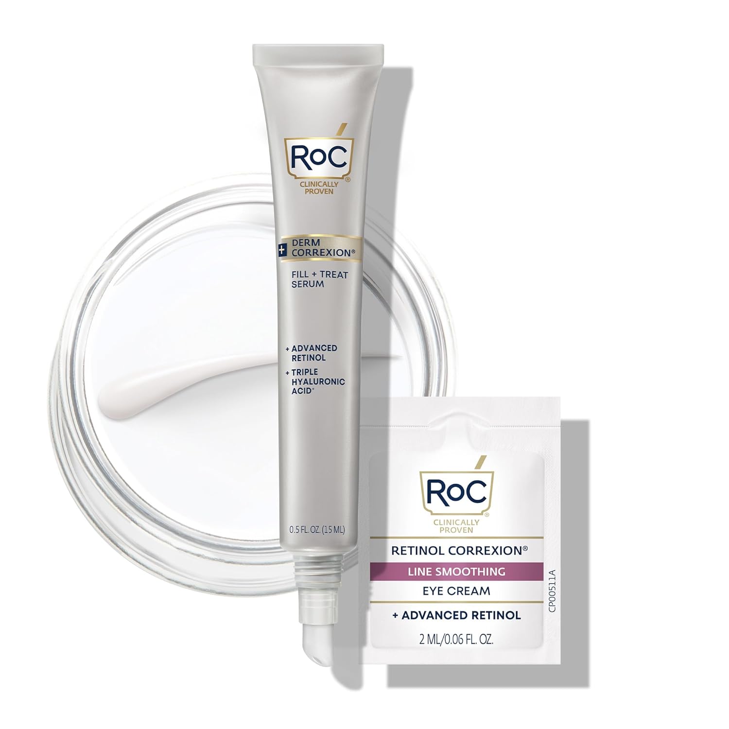 RoC Derm Correxion Fill + Treat Advanced Retinol Serum, Wrinkle Filler Treatment with Hyaluronic Acid for Crow’s Feet, 11 Wrinkles, & Laugh Lines, (.5 fl oz) with Retinol Packette (Packaging May Vary) RoC Derm Correxion Fill + Treat Advanced Retinol Serum, Wrinkle Filler Treatment with Hyaluronic Acid for Crow’s Feet, 11 Wrinkles, & Laugh Lines, (.5 fl oz) with Retinol Packette (Packaging May Vary)