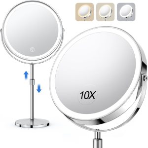 10x Large Lighted Makeup Mirror, Rechargeable 8″ Height Adjustable Vanity Mirror, 1x/10x Magnifying Mirror with 3 Color, Brightness Adjustable, 360° Rotation Double Sided Mirror, Gift for Women