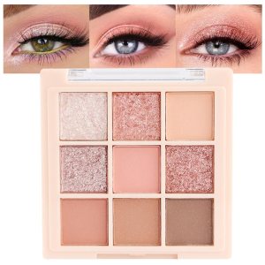 9Colors Pink Rose Gold Brown Warm Colorful Eyeshadow Palette Makeup,Korean Natural Neutral Eyeshadow palettes Highly Pigmented Naturing-Looking Long Lasting Waterproof Blendable for Beginners