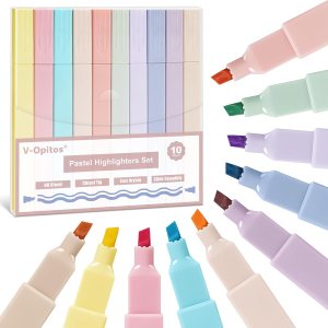 V-Opitos Highlighters Set in 10 Assorted Pastel Colors, No Bleed Bible Highlighters, Soft Chisel Tip, Aesthetic Cute Highlighters, Ideal School Office Supplies