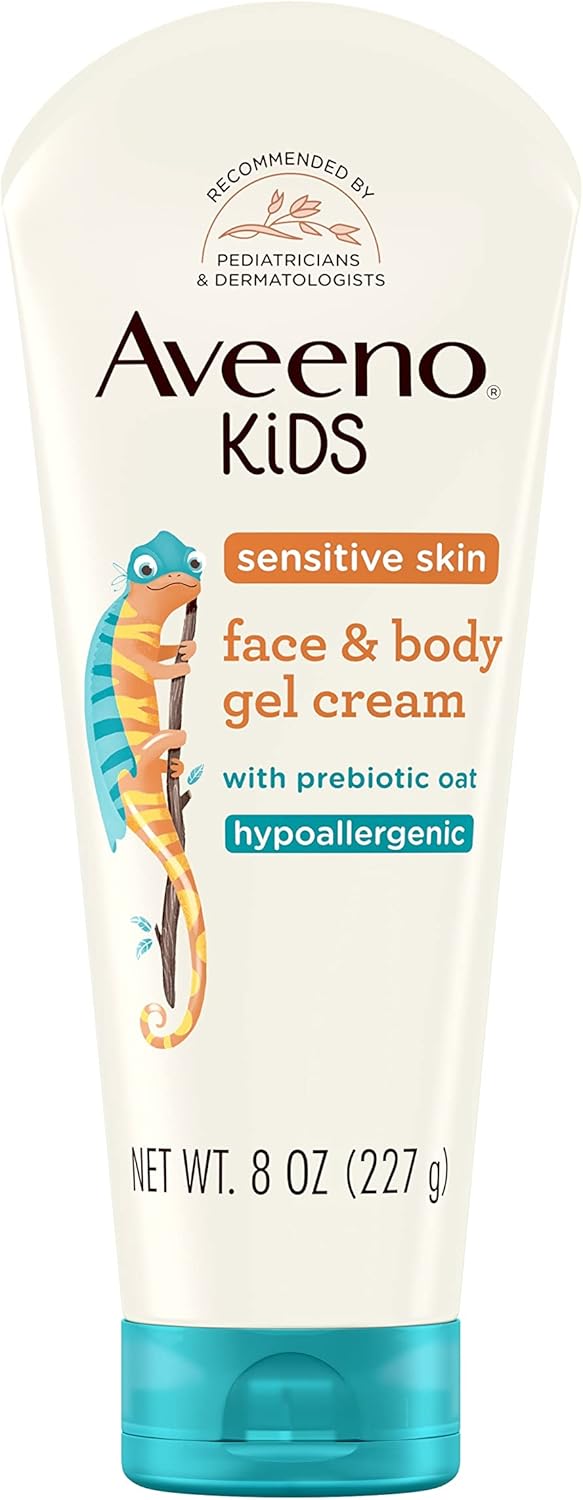 Aveeno Kids Sensitive Skin Face & Body Gel Cream with Prebiotic Oat, Clinically Proven 24 Hour Hydration for Soft Skin, Quick Drying and Lightweight, Hypoallergenic, 8 oz. Aveeno Kids Sensitive Skin Face & Body Gel Cream with Prebiotic Oat, Clinically Proven 24 Hour Hydration for Soft Skin, Quick Drying and Lightweight, Hypoallergenic, 8 oz.