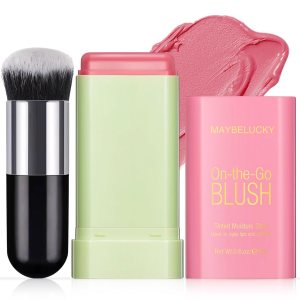 Cream Blush Stick for Cheeks, Multi-Use Makeup Blush Stick for Eyes Lips Face, Travel-Friendly Tinted Solid Moisturizer Matte Blush, Natural Glow Blendable Smooth Blusher with Brush-Shy Pink