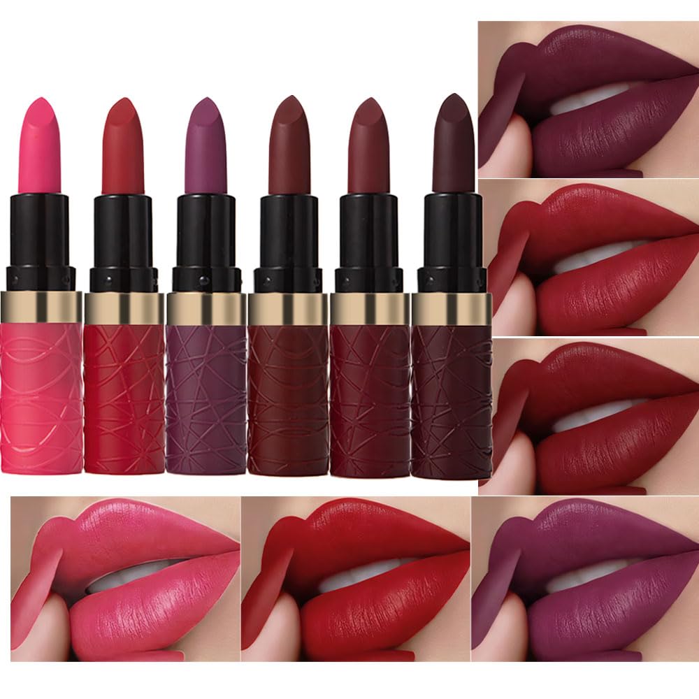 6 Pcs Pink Dark Red Purple Wine Red Lipstick Matte Sets,Velvet Lipstick for Women Long Lasting Waterproof 24 Hours Lip Stick Lip Stain Makeup Gift Sets,labiales mate 24 horas originales 6 Pcs Pink Dark Red Purple Wine Red Lipstick Matte Sets,Velvet Lipstick for Women Long Lasting Waterproof 24 Hours Lip Stick Lip Stain Makeup Gift Sets,labiales mate 24 horas originales