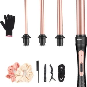 Curling Wand, 4 in 1 Hair Curling Iron Wand Set Include 4 Interchangeable Ceramic Barrels (0.35″-1.25″) Hair Curling Wand Set for Quick Create Hairstyle in All Hair Type