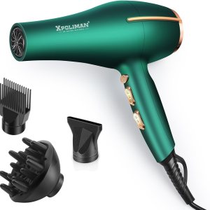 Pro Ionic Salon Hair Dryer,Xpoliman Blow Dryer,Powerful 2000 Watt with AC Motor,Quick Drying Hairdryers Diffuser Fast Dryer Lightweight Best Soft Touch Body -Green & Gold
