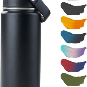 Stainless Steel Insulated Water Bottle, 18oz Double Wall Vacuum Insulated Water Bottle Leak Proof with Silicone Straw, Wide Mouth Lid, BPA Free, Keep Cold and Hot, 18oz, Black