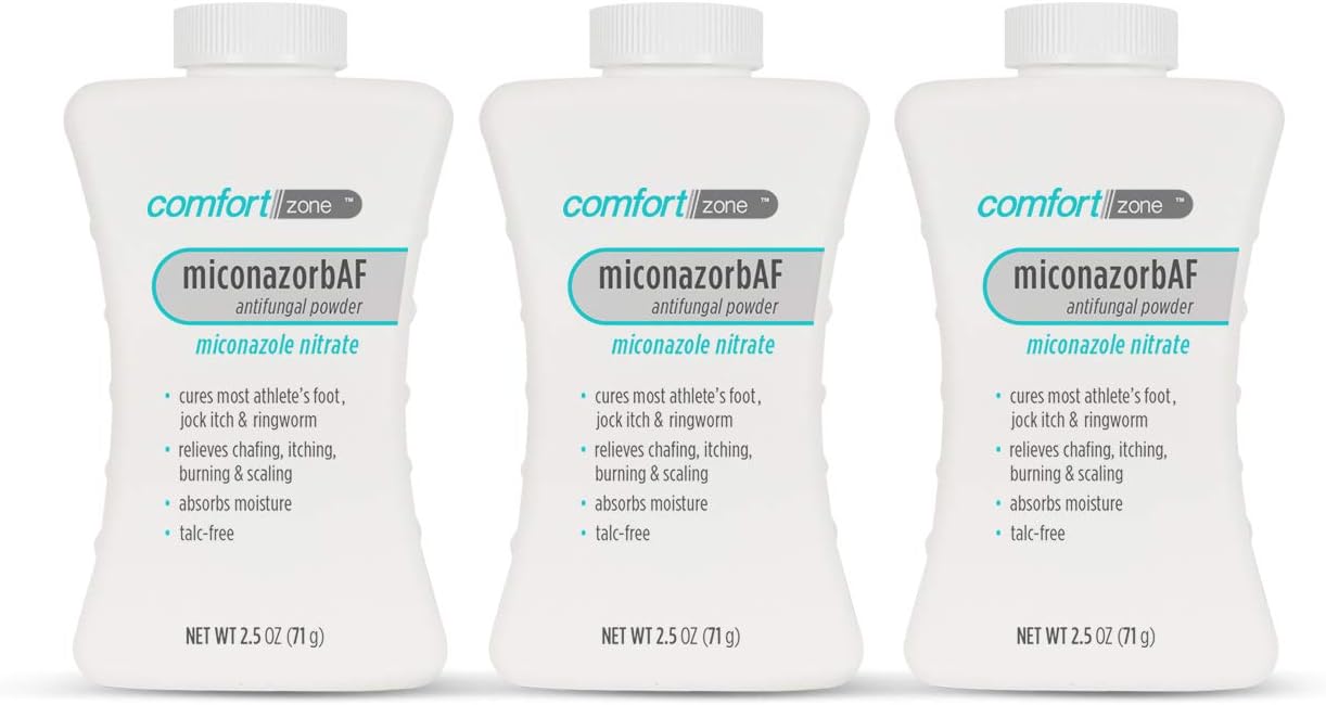 Comfort Zone Miconazorb Antifungal Powder, Talc-Free, Miconazole Nitrate 2%, For Treatment Of Athlete’s Foot, Jock Itch And Ringworm, 2.5oz (71g) (3 Pack) Comfort Zone Miconazorb Antifungal Powder, Talc-Free, Miconazole Nitrate 2%, For Treatment Of Athlete’s Foot, Jock Itch And Ringworm, 2.5oz (71g) (3 Pack)