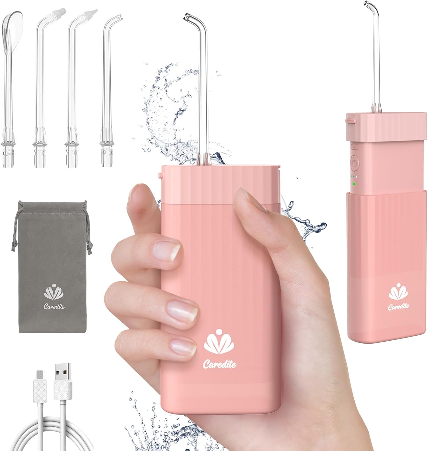 Caredite Water Flosser Cordless,Portable Mini Oral Irrigator Teeth Cleaner, Rechargeable Power Dental Flosser Picks for Travel Home, 4 Tips 3 Modes, IPX7 Wateroproof for Teeth Braces Dental Care,Pink Caredite Water Flosser Cordless,Portable Mini Oral Irrigator Teeth Cleaner, Rechargeable Power Dental Flosser Picks for Travel Home, 4 Tips 3 Modes, IPX7 Wateroproof for Teeth Braces Dental Care,Pink
