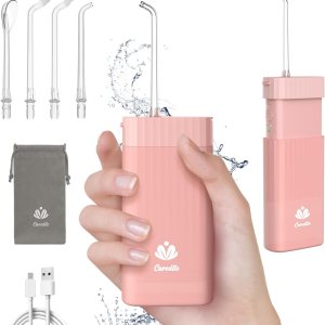 Caredite Water Flosser Cordless,Portable Mini Oral Irrigator Teeth Cleaner, Rechargeable Power Dental Flosser Picks for Travel Home, 4 Tips 3 Modes, IPX7 Wateroproof for Teeth Braces Dental Care,Pink