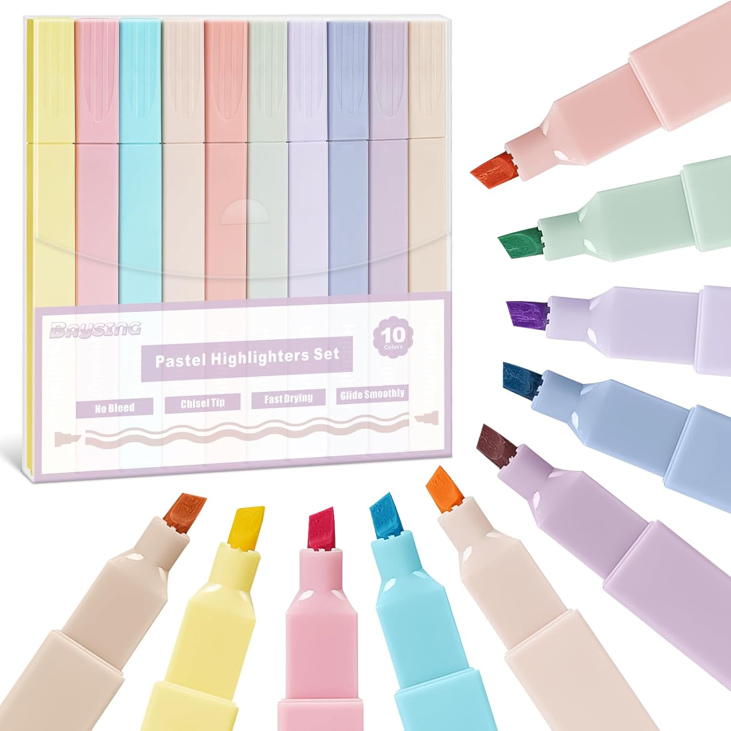 BAYSING 10 Pcs Highlighters Set in Assorted Pastel Colors, No Bleed Bible Highlighters, Soft Chisel Tip, Aesthetic Cute Highlighters, Ideal School Office Supplies BAYSING 10 Pcs Highlighters Set in Assorted Pastel Colors, No Bleed Bible Highlighters, Soft Chisel Tip, Aesthetic Cute Highlighters, Ideal School Office Supplies