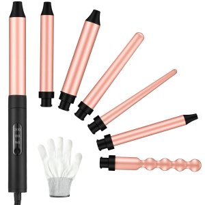 6 in 1 Curling Iron Instant Heat up Curling Wand Set with 6 Interchangeable Ceramic Barrels and 3 Temperature Adjustments Curler Set Fast Heating Hair Wand Curler with Protective Glove