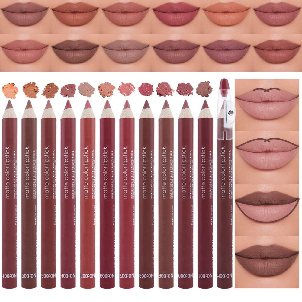 12 Pcs Natural Nude Brown Beige Colors Lip Liner Lipstick Pencils Set for Daily Makeup,Easy to Apply & Remove,Waterproof (set08) 12 Pcs Natural Nude Brown Beige Colors Lip Liner Lipstick Pencils Set for Daily Makeup,Easy to Apply & Remove,Waterproof (set08)