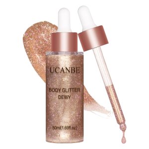 UCANBE Hydrating Body Glitter Dewy Highlighter Makeup Luminizer Drops Body Shimmer Liquid Face Glow Sparkles for Women Gifts (Rose Gold #03)