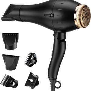 Dual Voltage Hair Dryer, 1200W Travel Blow Dryer with Folding Handle, 2 Air Speed Settings, Cool Shot Button, 2 Nozzles, 1 Dual Nozzle, 1 Diffuser, 1 Detangler Comb, Fast Drying (Matte Black)