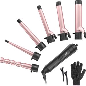 6-IN-1 Curling Iron, Professional Instant Heat Up Hair Curling Wand Set with 6 Interchangeable Ceramic Barrels (0.35” to 1.25”) and 2 Temperature Adjustments, Heat Protective Glove & 2 Clips