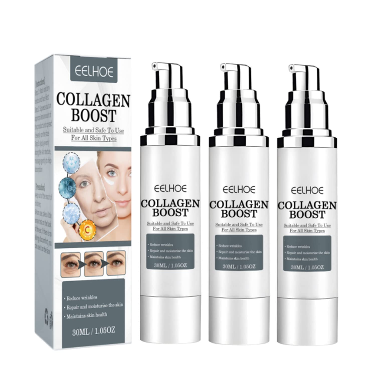3Pcs EELHOE Collagen Boost Anti-Aging Serum, EELHOE Collagen Boost Serum, EELHOE Collagen Anti-Wrinkle Cream, Anti Aging Serum For Women, Collagen Booster for Face with Hyaluronic Acid(90ml) 3Pcs EELHOE Collagen Boost Anti-Aging Serum, EELHOE Collagen Boost Serum, EELHOE Collagen Anti-Wrinkle Cream, Anti Aging Serum For Women, Collagen Booster for Face with Hyaluronic Acid(90ml)