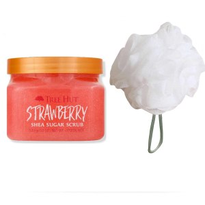 T H Tree Hut Strawberry Shea Sugar Scrub Set! Includes Body Scrub and Loofah! Formulated With Real Sugar, Certified Shea Butter And Strawberry! Ultra Hydrating and Exfoliating Scrub! (Strawberry)