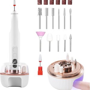 Portable Nail Drill,Electric Nail File Machine for Acrylic,with UV LED Nail Lamp,12 drills and rechargeable base,5 Speeds Hand Foot Care Tool,Nails Remove Nail Gel Polish Manicure for Salon Home