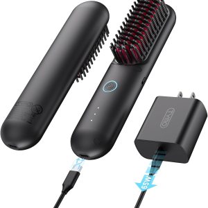 TYMO Cordless Hair Straightener Brush – Porta PRO Portable Straightening Brush for Travel, Mini Ionic Hot Comb Straightener for Women, Lightweight on-The-go, Cordless & Fast Charger Dual Power, Black