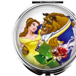 Portable Makeup Compact Double Magnifying Mirror Cosmetic Foldable Pocket Style Mother of Pearl Unique Princess and The Monster Design